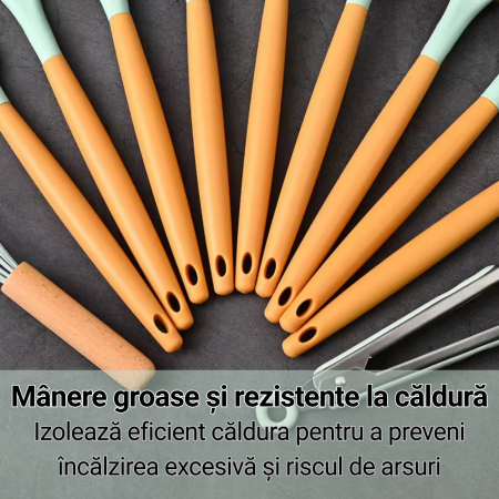 Set Ustensile Bucătărie Silicon cu Lemn – 11 Piese + Suport [4]