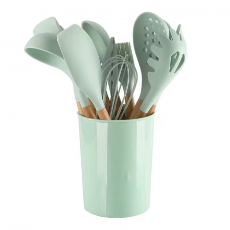 Set Ustensile Bucătărie Silicon cu Lemn – 11 Piese + Suport