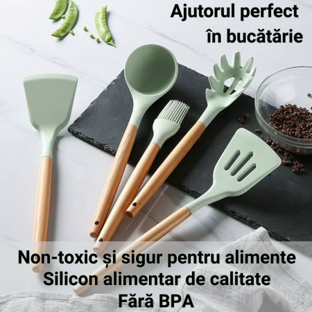 Set Ustensile Bucătărie Silicon cu Lemn – 11 Piese + Suport [2]