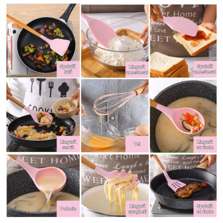 Set Ustensile Bucătărie Silicon cu Lemn – 11 Piese + Suport [5]