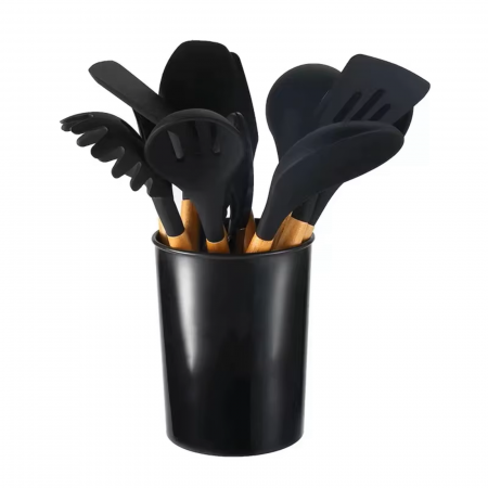 Set Ustensile Bucătărie Silicon cu Lemn – 11 Piese + Suport