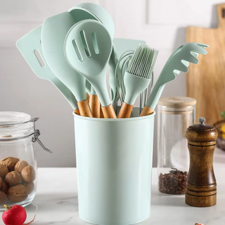 Set Ustensile Bucătărie Silicon cu Lemn – 11 Piese + Suport [8]