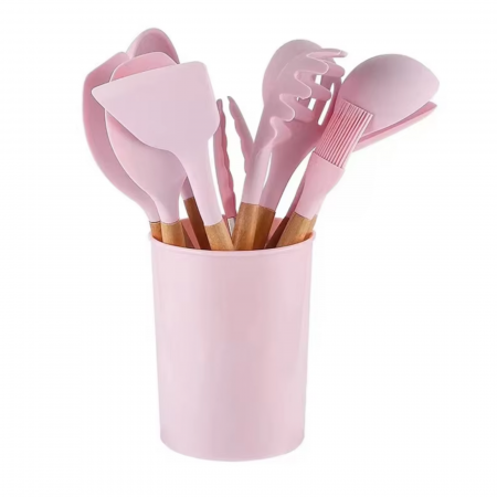 Ustensile & Accesorii Bucatarie - Set Ustensile Bucătărie Silicon cu Lemn – 11 Piese + Suport
