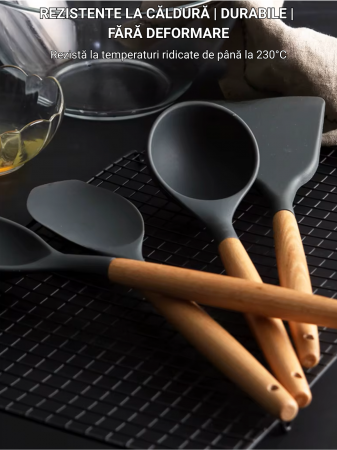 Set Ustensile Bucătărie Silicon cu Lemn – 11 Piese + Suport [3]
