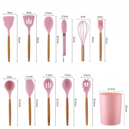 Set Ustensile Bucătărie Silicon cu Lemn – 11 Piese + Suport [6]