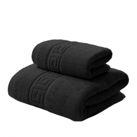 Set Prosoape Greek Border 100% Bumbac, Negru – Prosop Față și Corp, Absorbție Superioară