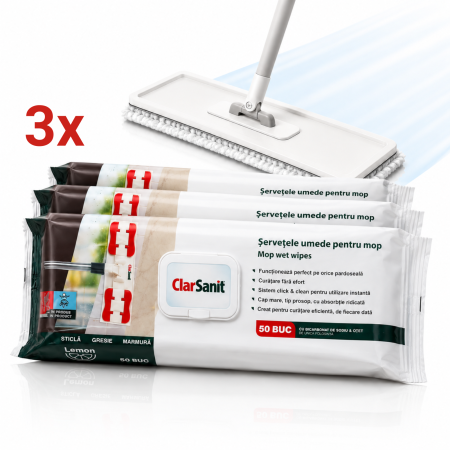 Mopuri si Rezerve Mop - Set 3 Pachete Șervețele Umede Mop ClarSanit Lemon, 150 Buc
