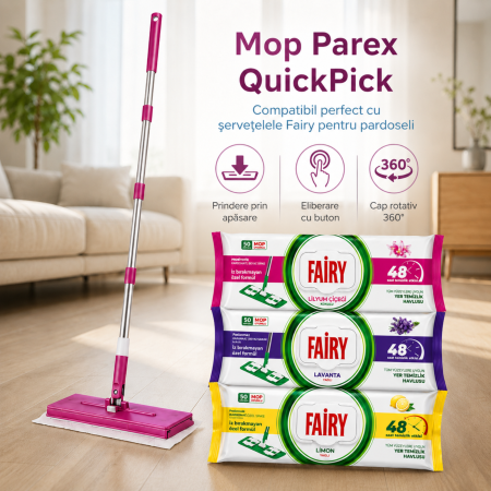 Set Mop Parex QuickPick + 3 Șervețele Fairy, 160 Buc., Lemon, Lavandă și Lilyum, Mop Pardoseală [1]