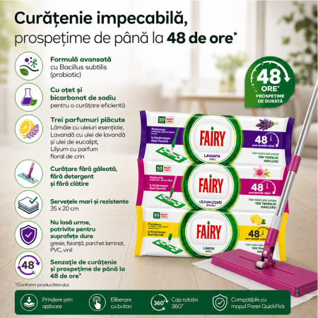 Set Mop Parex QuickPick + 3 Șervețele Fairy, 160 Buc., Lemon, Lavandă și Lilyum, Mop Pardoseală [2]