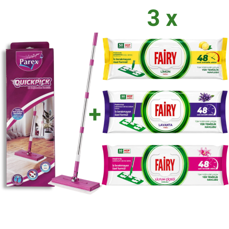 Mopuri si Rezerve Mop - Set Mop Parex QuickPick + 3 Șervețele Fairy, 160 Buc., Lemon, Lavandă și Lilyum, Mop Pardoseală