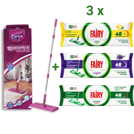 Mopuri si Rezerve Mop - Set Mop Parex QuickPick + 3 Șervețele Fairy, 160 Buc., Mop Pardoseală cu Șervețele Umede