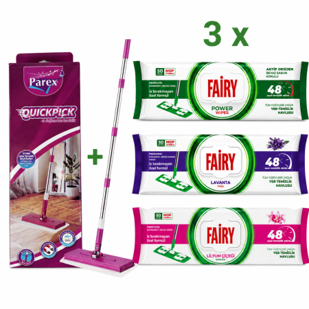 Mopuri si Rezerve Mop - Set Mop Parex QuickPick + 3 Pachete Fairy, 160 Buc., Lavandă, Lilyum și Power Wipes