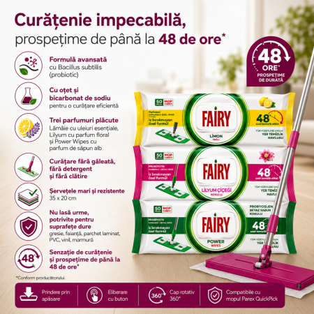 Set Mop Parex QuickPick + 3 Pachete Fairy, 160 Buc., Lemon, Lilyum și Power Wipes [2]