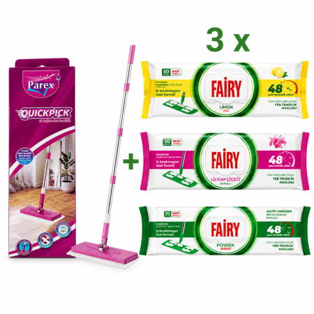Mopuri si Rezerve Mop - Set Mop Parex QuickPick + 3 Pachete Fairy, 160 Buc., Lemon, Lilyum și Power Wipes