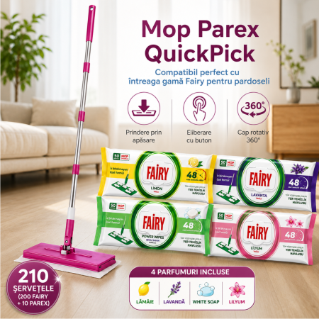Set Mop Parex QuickPick + 4 Șervețele Fairy, 210 Buc., Mop Pardoseală cu Șervețele Umede [1]