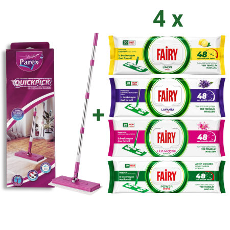 Mopuri si Rezerve Mop - Set Mop Parex QuickPick + 4 Șervețele Fairy, 210 Buc., Mop Pardoseală cu Șervețele Umede