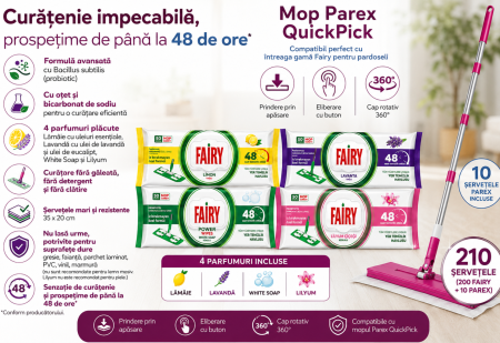 Set Mop Parex QuickPick + 4 Șervețele Fairy, 210 Buc., Mop Pardoseală cu Șervețele Umede [2]