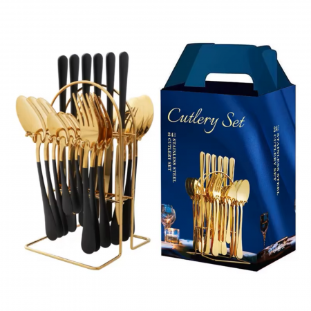 Set Tacâmuri Auriu-Negru 24 Piese cu Suport | Elegant & Cadou