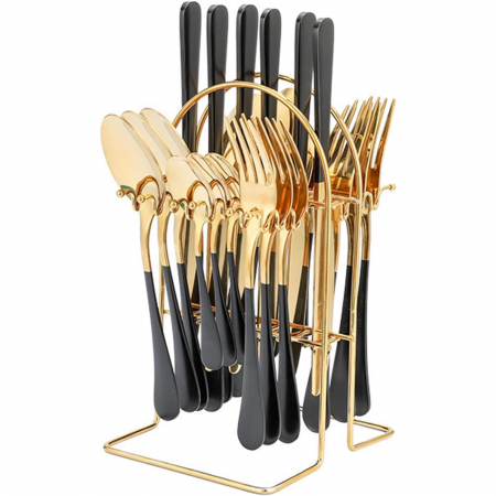 Set Tacâmuri Auriu-Negru 24 Piese cu Suport | Elegant & Cadou [7]