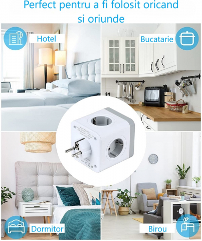 Stecher cu 4 prize si 3 porturi USB-A INNOVIO, Putere mare 4000W/16A, Protectie copii, Protectie la supratensiune si scurtcircuit, Culoare Alb/Gri [6]