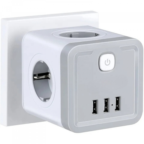 Stecher cu 4 prize si 3 porturi USB-A INNOVIO, Putere mare 4000W/16A, Protectie copii, Protectie la supratensiune si scurtcircuit, Culoare Alb/Gri