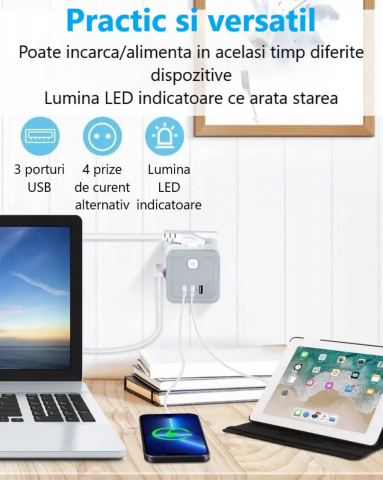 Stecher cu 4 prize si 3 porturi USB-A INNOVIO, Putere mare 4000W/16A, Protectie copii, Protectie la supratensiune si scurtcircuit, Culoare Alb/Gri [7]