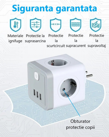 Stecher cu 4 prize si 3 porturi USB-A INNOVIO, Putere mare 4000W/16A, Protectie copii, Protectie la supratensiune si scurtcircuit, Culoare Alb/Gri [3]