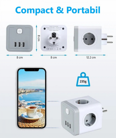 Stecher cu 4 prize si 3 porturi USB-A INNOVIO, Putere mare 4000W/16A, Protectie copii, Protectie la supratensiune si scurtcircuit, Culoare Alb/Gri [4]