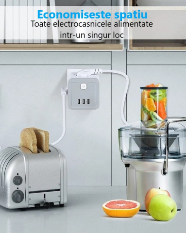 Stecher cu 4 prize si 3 porturi USB-A INNOVIO, Putere mare 4000W/16A, Protectie copii, Protectie la supratensiune si scurtcircuit, Culoare Alb/Gri [5]
