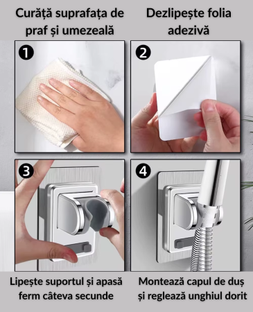 Suport adeziv reglabil pentru cap de duș – montaj fără găurire, cromat, ABS durabil [1]