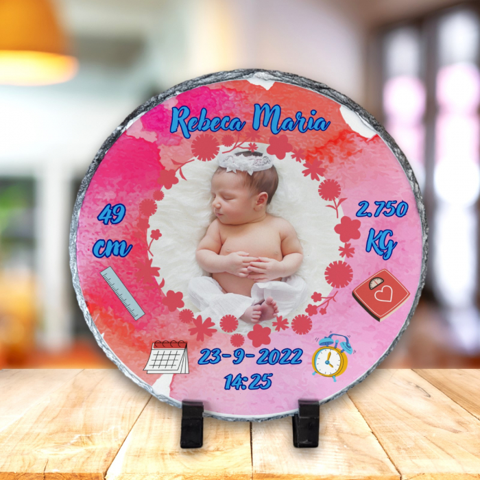 Placă Ardezie Personalizată Rotundă Nou Născut Fetiță [1]