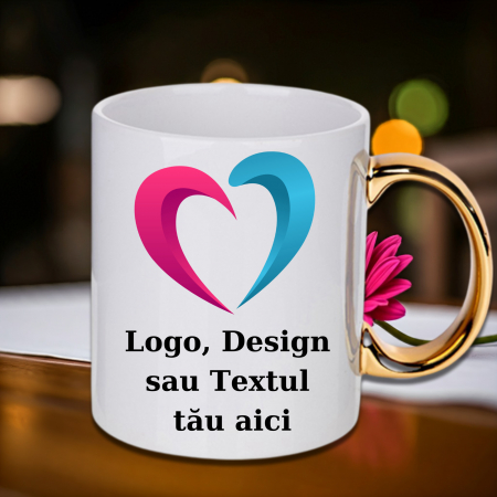 Cadouri Sărbători - Cană Personalizată Mâner Auriu Design Propriu