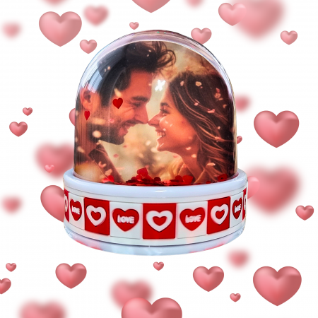 Globuri Foto Personalizate - Glob Personalizat Love Roșu, Cu 2 Poze, Inimi Și Lumini