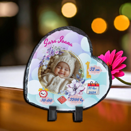 Placă Ardezie Personalizată - Placă Ardezie Personalizată Inimă Nou Născut Fetiță