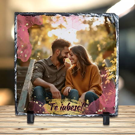 Ardezie Pătrată - Placă Ardezie Personalizată Pătrată - Vopsea Roz si Mesaj