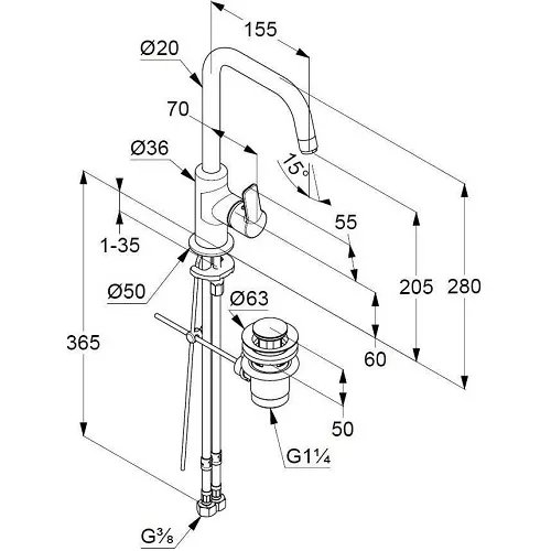 Baterie lavoar Kludi Pure&Easy 370230565, 3/8'', marimea L, monocomanda, cartus ceramic, ventil cu tija, crom [3]