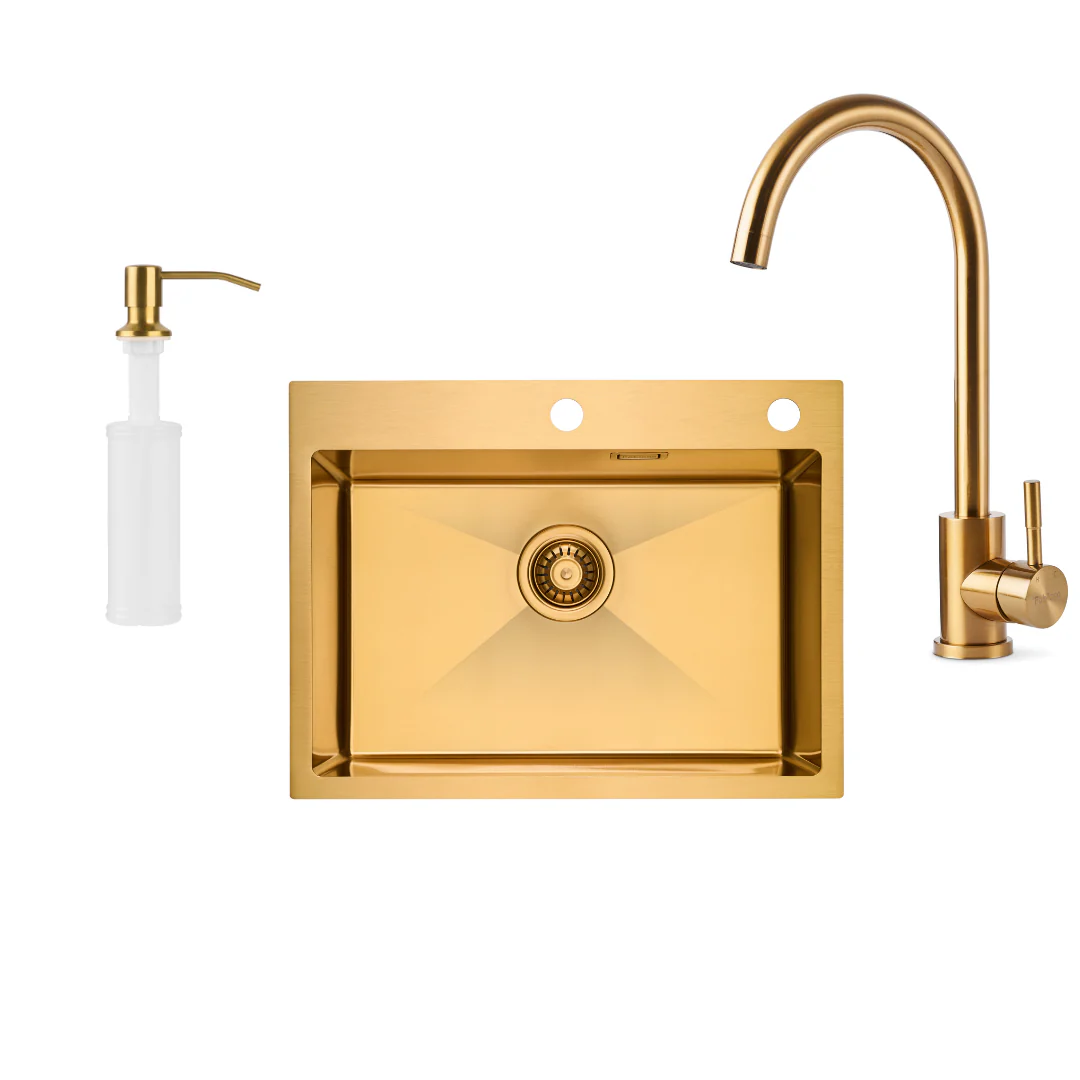 Chiuvetă 600 x 450 Nano PVD Gold baterie + dozator [3]