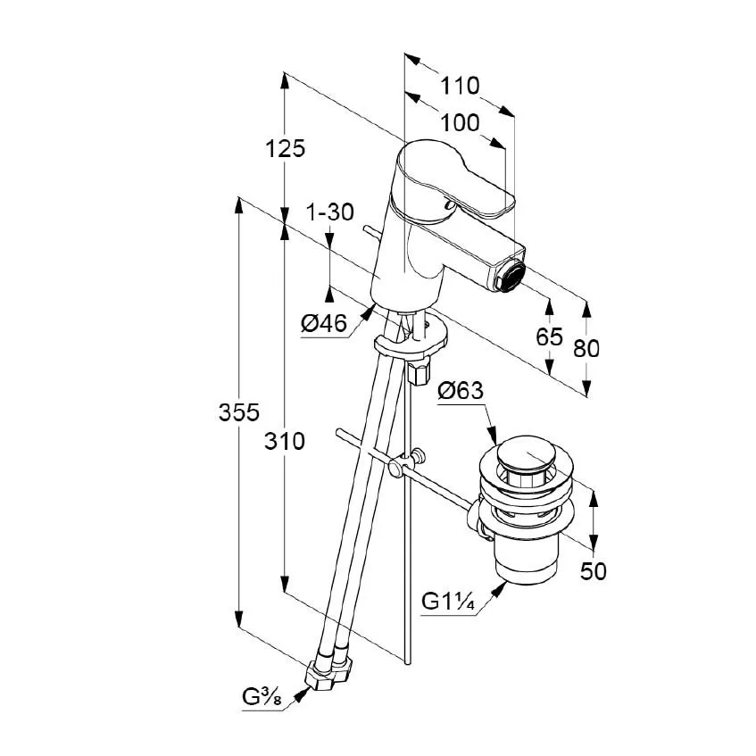 BATERIE BIDEU CROM KLUDI PURE&EASY CU VENTIL METALIC POP-UP [1]