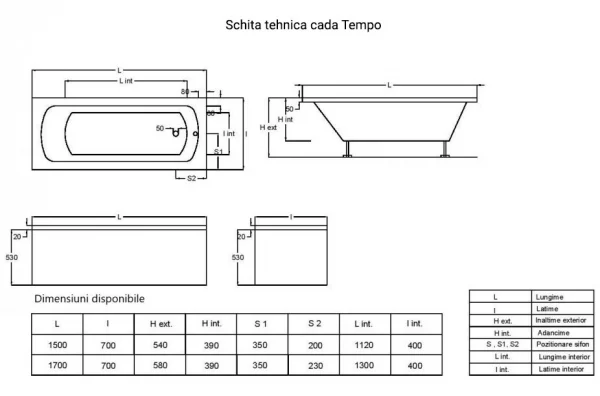 Amenajare baie - CADRU METALIC CADA - Tempo - 140X70