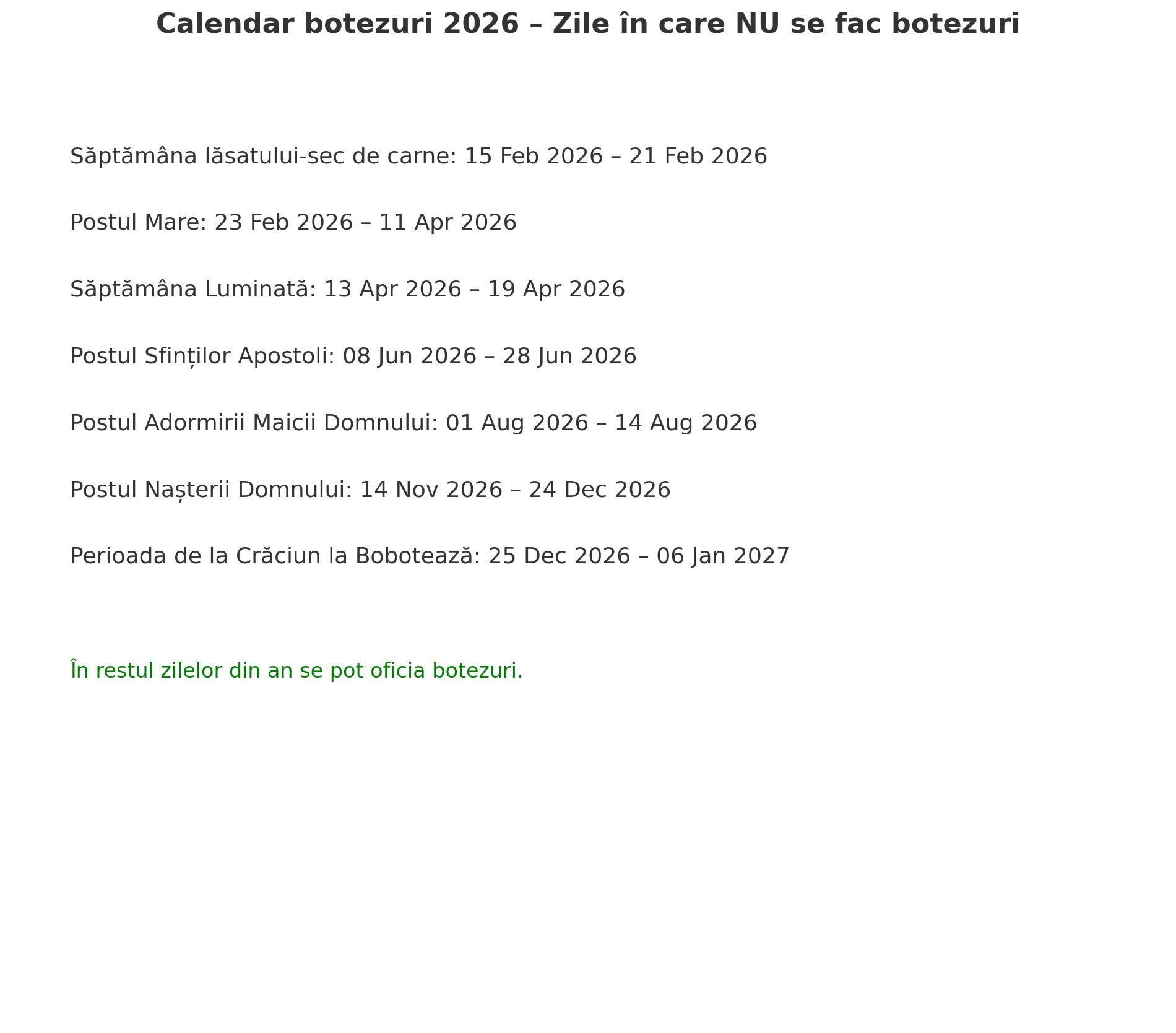 Când nu se fac botezuri în 2026 — ghid complet pentru părinţi