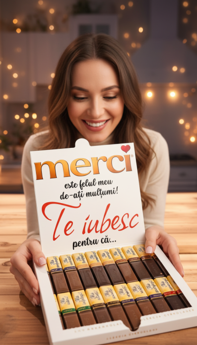 Cutie cu ciocolată "Merci" 250g, personalizată cu 20 de motive pentru care te iubesc [2]