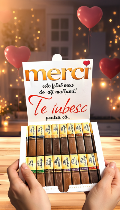 Cutie cu ciocolată "Merci" 250g, personalizată cu 20 de motive pentru care te iubesc [4]