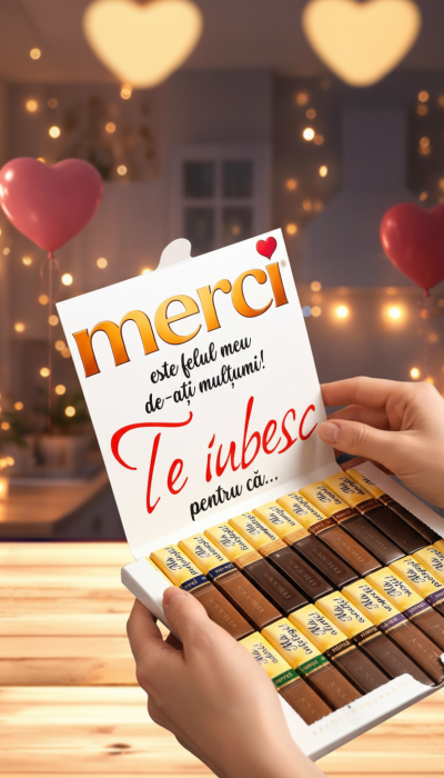 Cutie cu ciocolată "Merci" 250g, personalizată cu 20 de motive pentru care te iubesc [3]