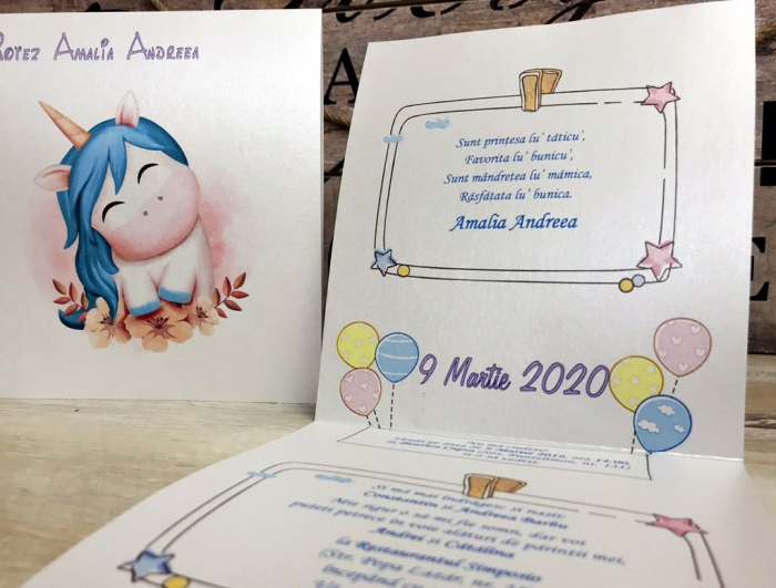 Invitatie Bebe Unicorn (alb sidefat) [4]