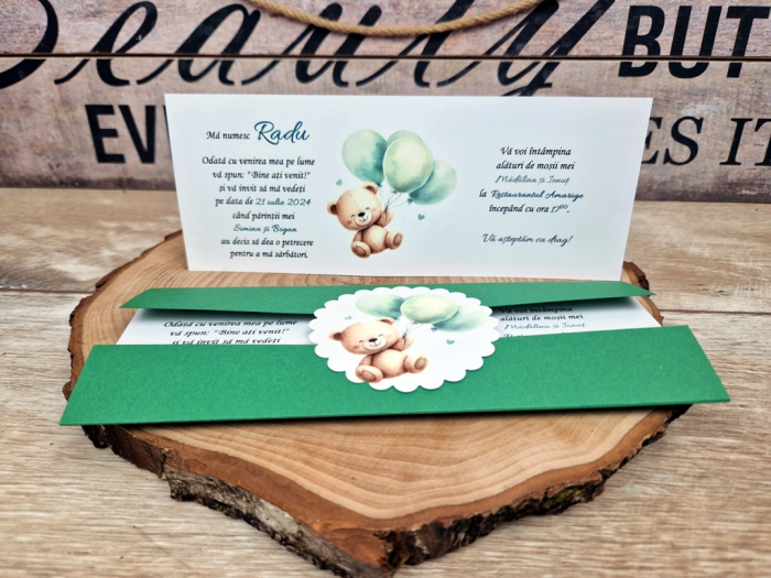 Invitatie botez 83 Ursulet cu baloane verzi [3]