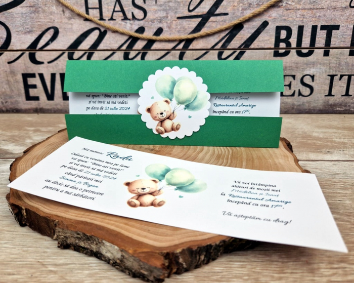 Invitatie botez 83 Ursulet cu baloane verzi [4]