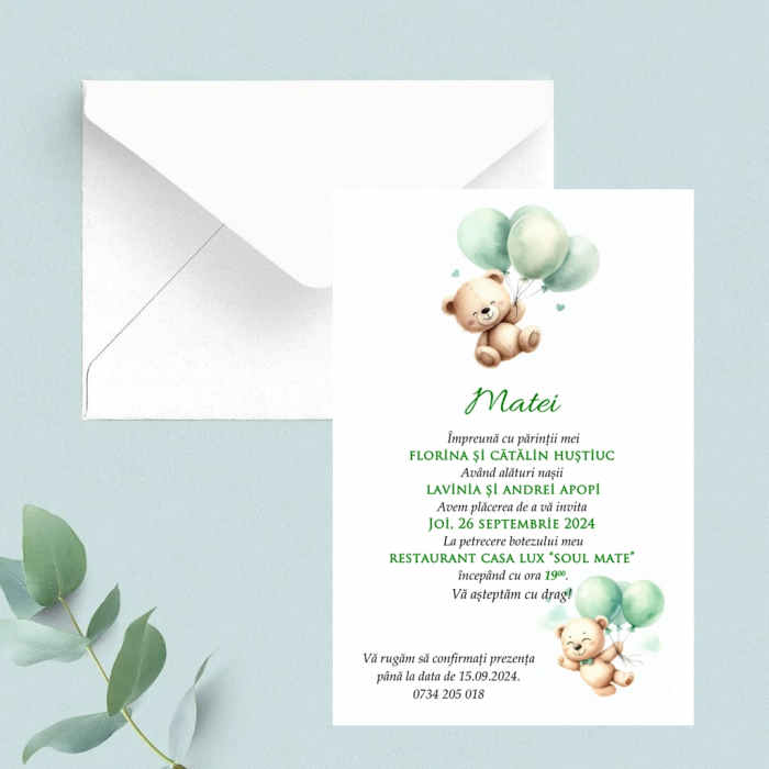 Invitatie  Ursulet cu Baloane Verzi (plic alb) PM210 [3]
