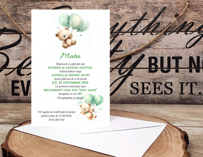 Invitatie  Ursulet cu Baloane Verzi (plic alb) PM210 [4]
