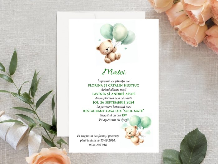 Invitatie  Ursulet cu Baloane Verzi (plic alb) PM210 [2]
