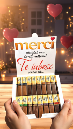 Cutie cu ciocolată "Merci" 250g, personalizată cu 20 de motive pentru care te iubesc [3]